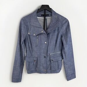 WHBM Moto Biker Jacket Women's 4 Blue Chambray Denim Lightweight Zip & Snap PKTS